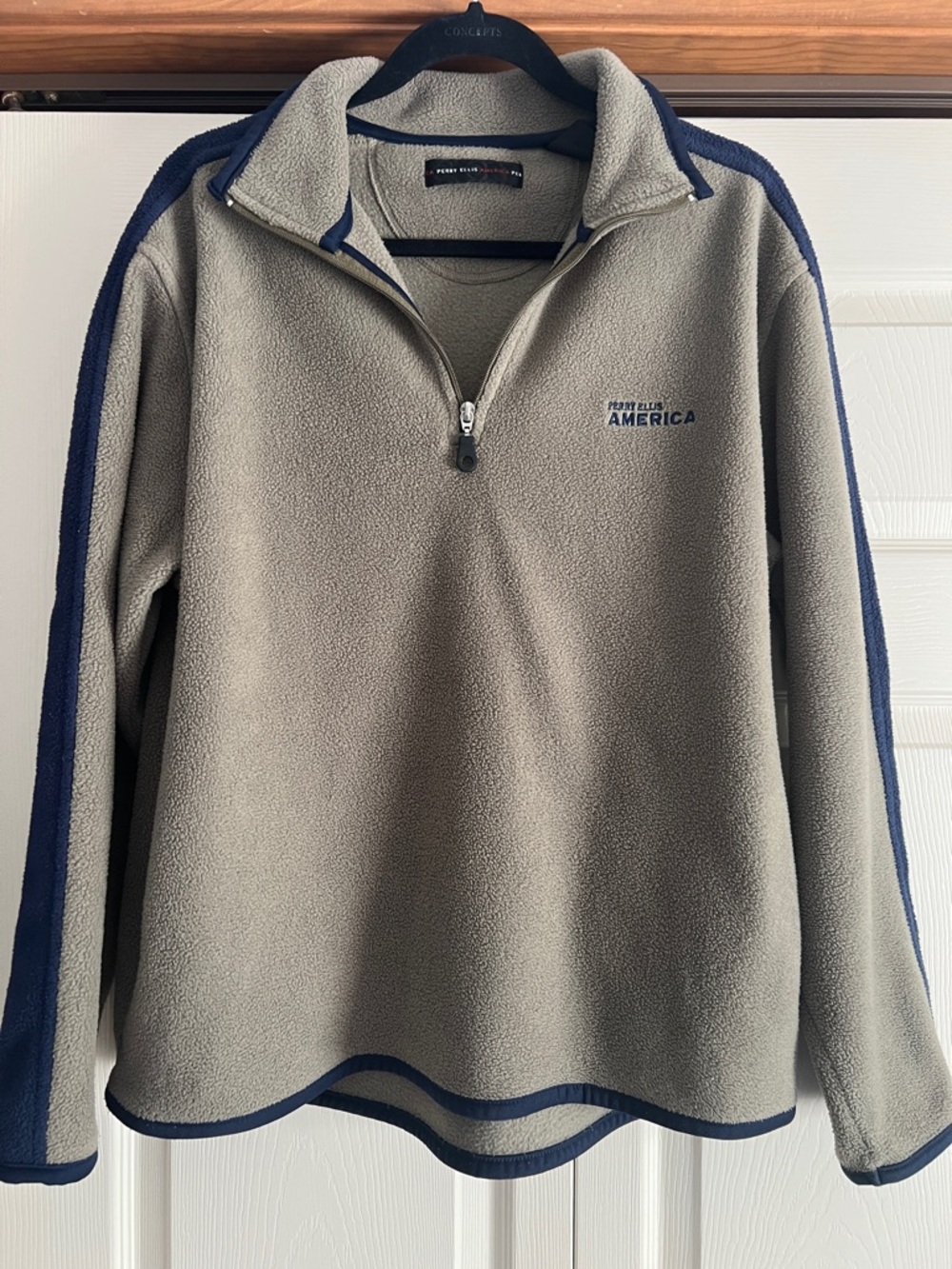 Perry Ellis Gray quarter-Zip Fleece Pullover with Navy Trim